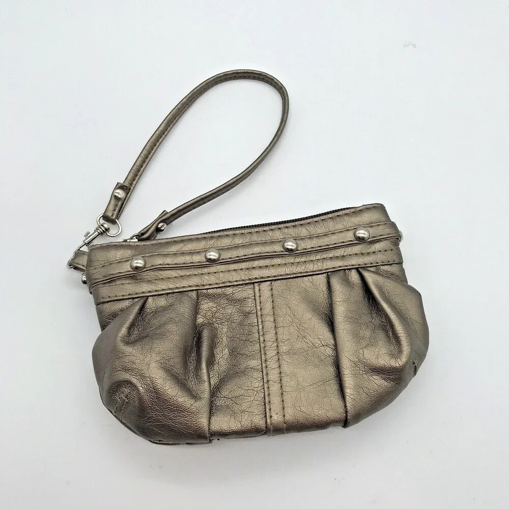 Gold Faux Leather Wristlet Purse Zip Closure Studs Lined Evening Bag Clutch